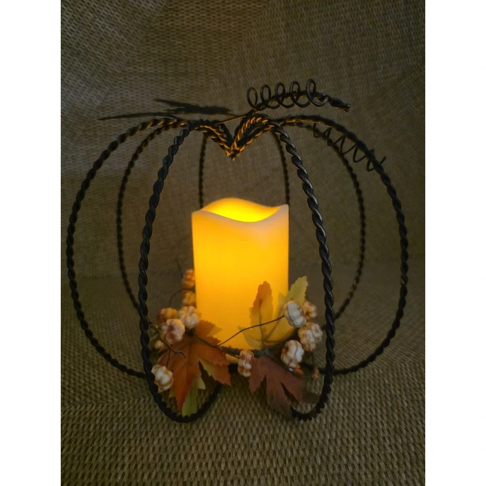 Thanksgiving Autumn Fall Pumpkin‎ Candle Holder Metal Frame LED Flameless Candle